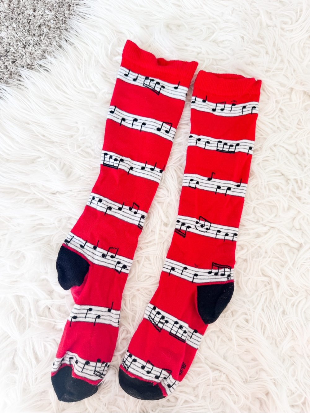 Music Note Knee High Socks Red White Black Staff Pattern